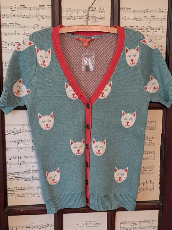 Modcloth Tops - Modcloth Teal Cat-Print Short Sleeve Cardigan with Coral Trim